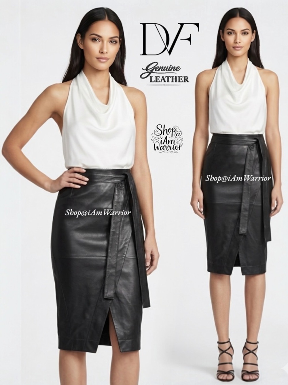 Diane Von Fustenberg NWT black genuine supple leather faux wrap skirt